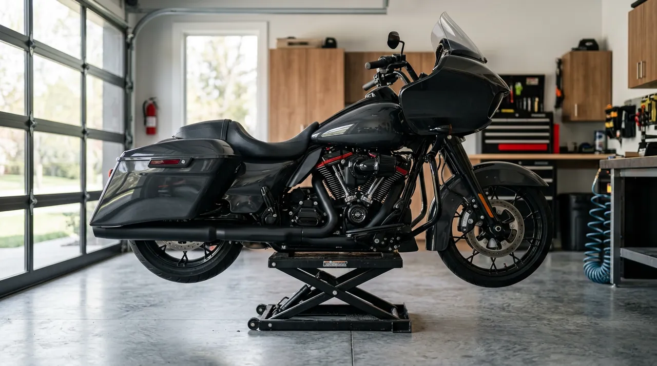 Touring motorcycle with saddlebags and a fairing lifted on a black hydraulic motorcycle jack, tires off the floor