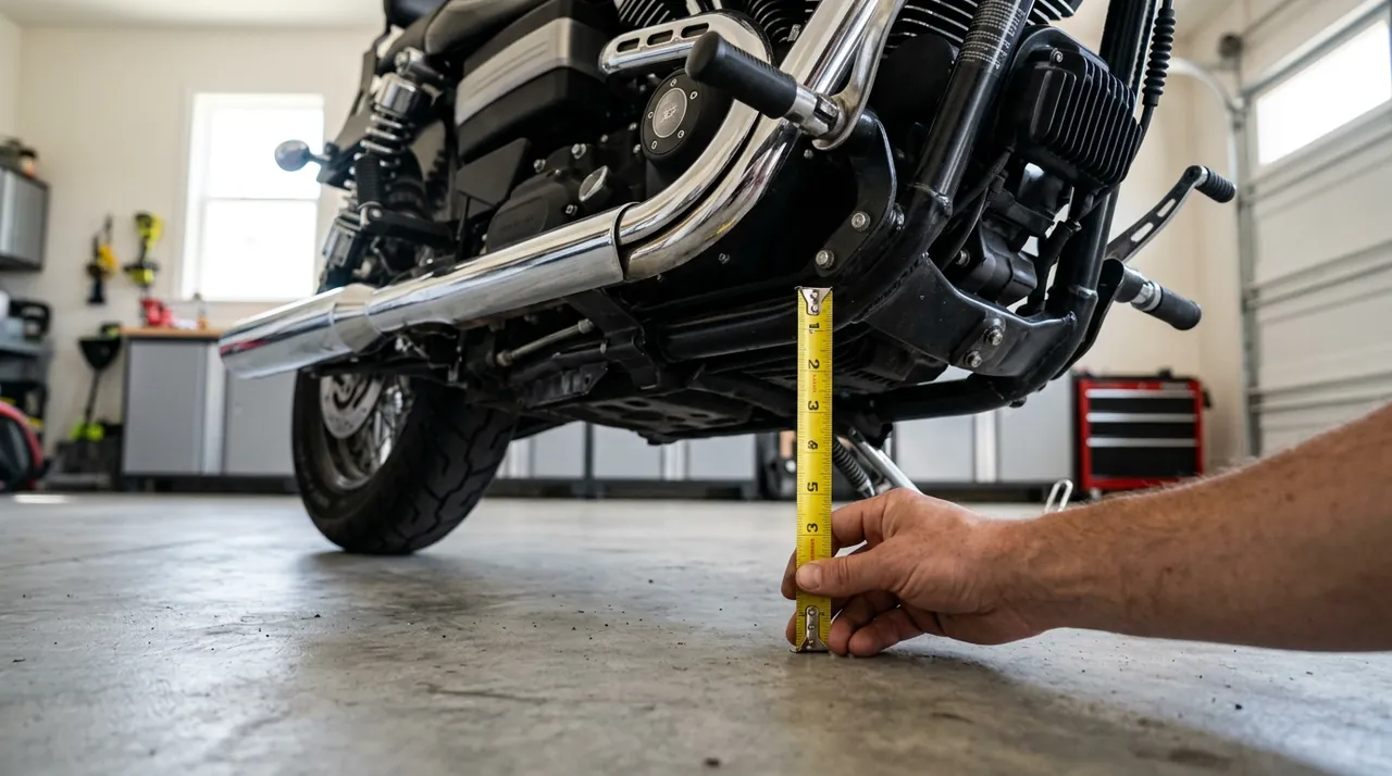 Hand holding a tape measure from the garage floor up to the frame of a parked cruiser motorcycle near its exhaust