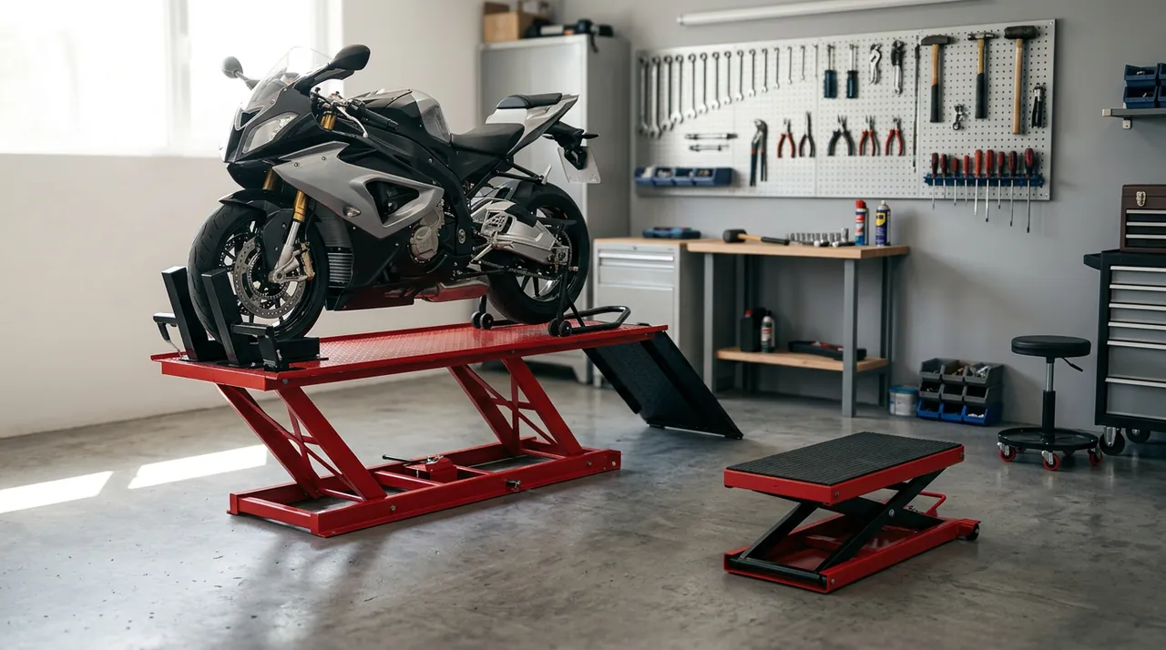Sport motorcycle at waist height on a red hydraulic motorcycle lift table, with a folded scissor jack on the garage floor