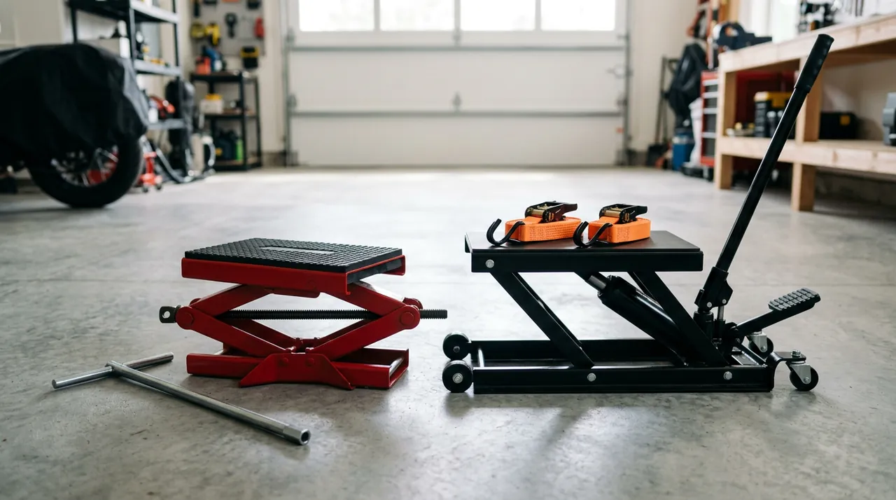 A red crank scissor motorcycle jack beside a black foot-pump hydraulic motorcycle jack with straps on a garage floor