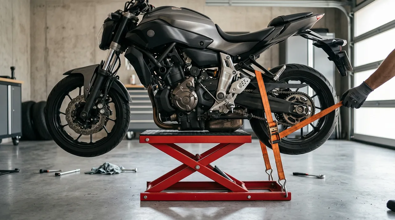 Sport motorcycle raised on a red motorcycle scissor jack and secured with orange ratchet straps