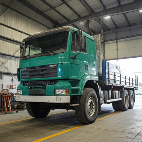 Large truck raised on a shop lift