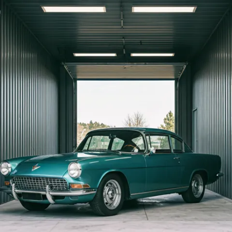 Classic car in a small garage